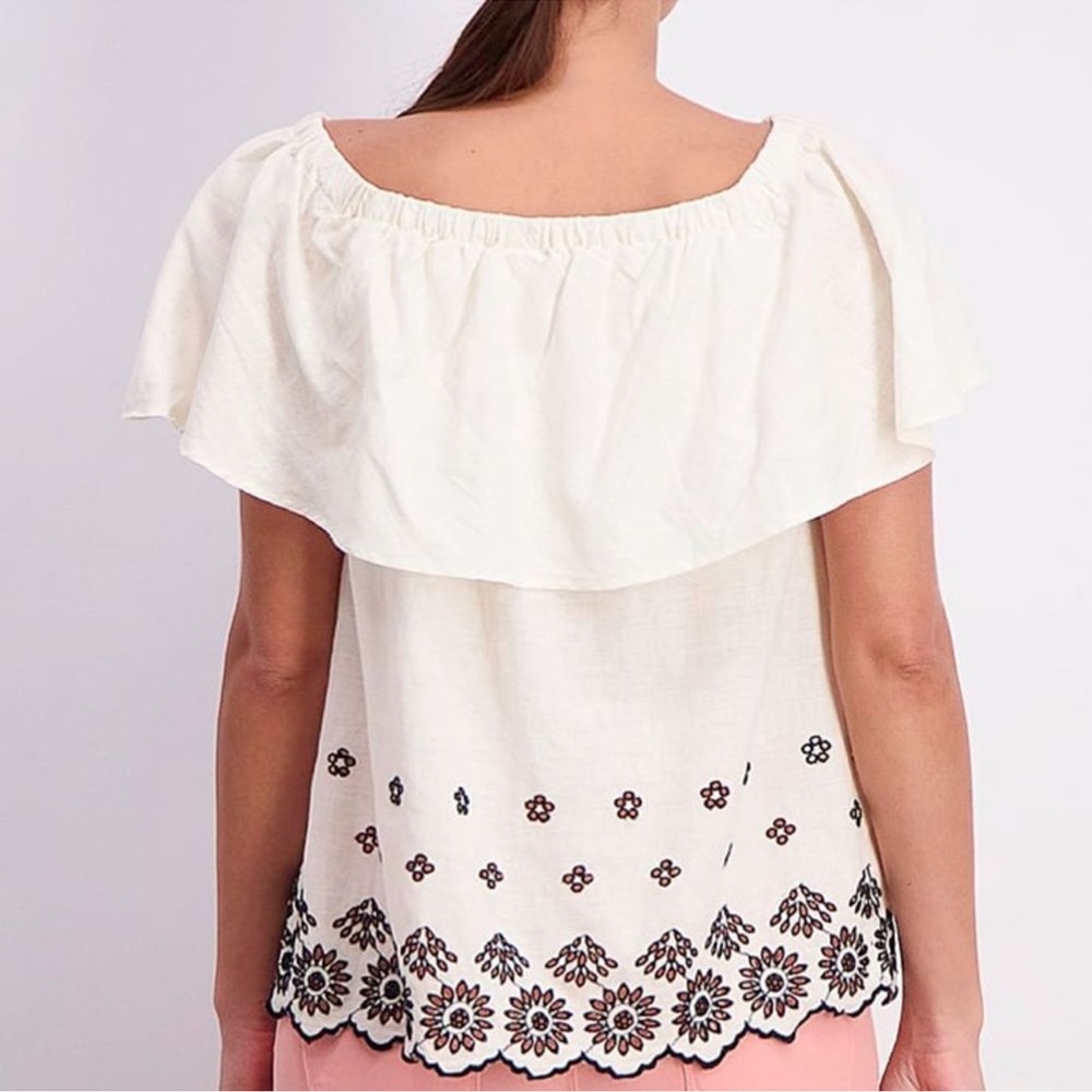 Old Navy cold shoulder embroidered linen ruffle top w/ cutwork white black Sz M - Picture 13 of 14